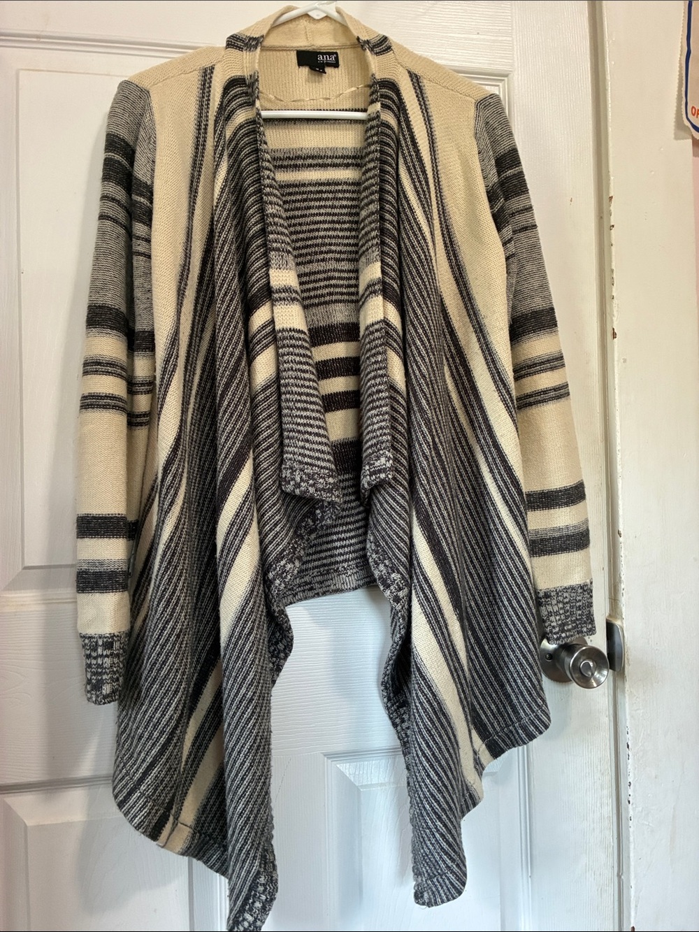 a.n.a Striped Draped Open-Front Cardigan in Cream and Gray